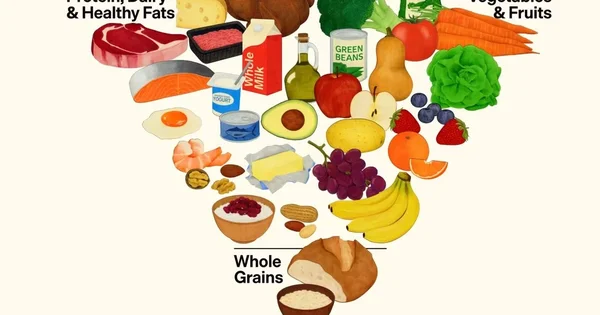Image shows a variety of food items including proteins, dairy, fruits, vegetables, and whole grains.