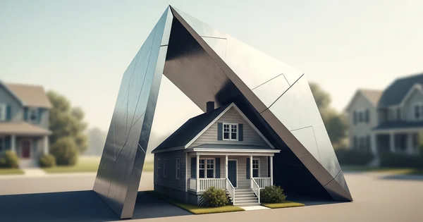 A house is shown with a large, silver, geometric structure looming over it.