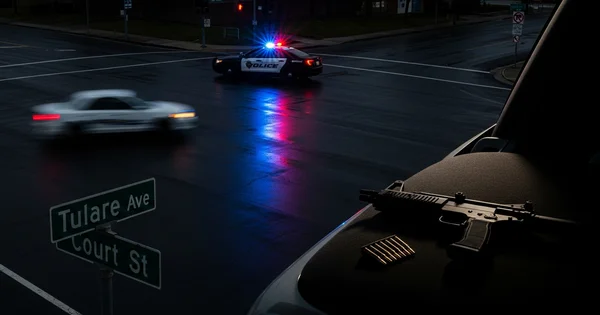 A police car speeds through an intersection at Tulare Ave and Court St, with a rifle and ammunition visible in the foreground.