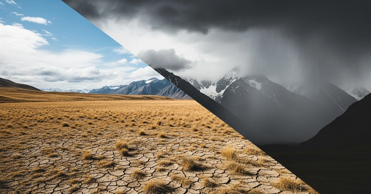A composite image illustrates the sharp contrast between drought conditions and heavy mountain rainfall. A composite image illustrates the sharp contrast between drought conditions and heavy mountain rainfall.