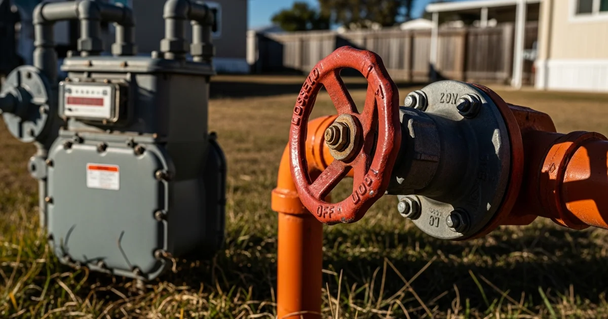 A natural gas meter and main shut-off valve are located in a residential neighborhood. A natural gas meter and main shut-off valve are located in a residential neighborhood.