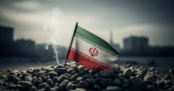 Tattered Iranian flag lies on rocks amid smoke.