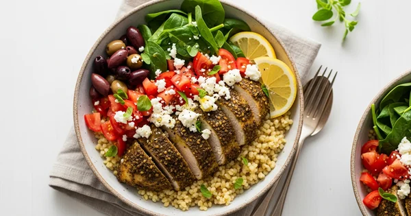 A Mediterranean-style chicken bowl features sliced chicken breast, couscous, olives, tomatoes, spinach and feta cheese.