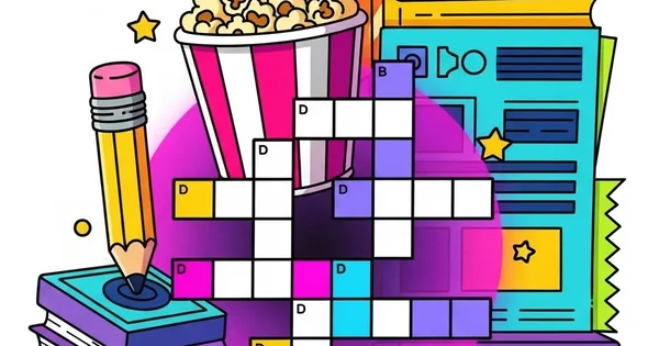Illustration shows a crossword puzzle with books, popcorn, and a pencil. 