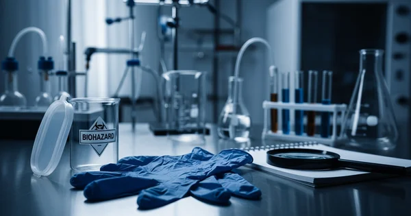 Scientific equipment and protective gear sit on a workbench in a research laboratory.