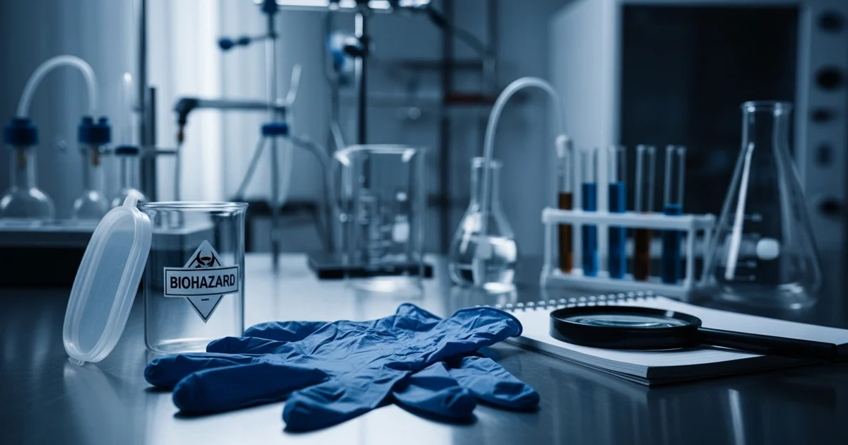 Scientific equipment and protective gear sit on a workbench in a research laboratory. Scientific equipment and protective gear sit on a workbench in a research laboratory.