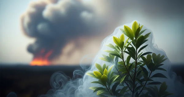 Wildfire smoke drifts near plant life.