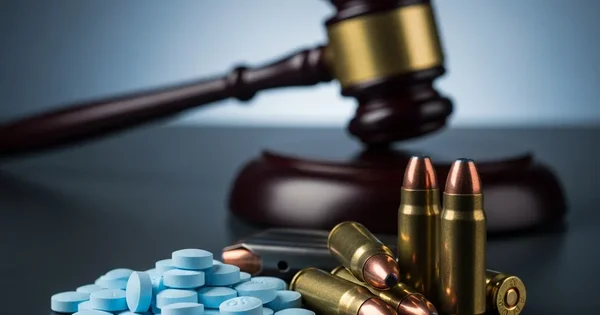 A gavel rests behind a pile of bullets and blue pills.