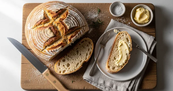 A loaf of sliced sourdough bread is presented on a wooden cutting board with butter and salt.