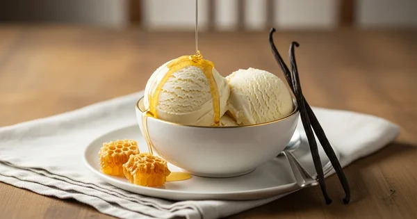 Honey is poured over scoops of ice cream in a bowl, with honeycomb and vanilla beans on the side.