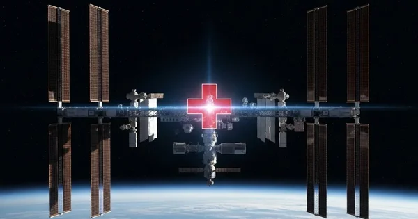 The International Space Station is seen orbiting Earth with a red cross symbol imposed on its structure.