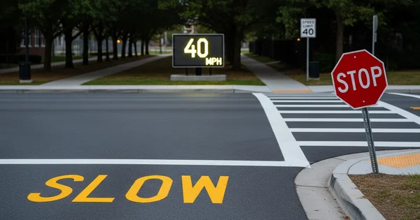 A crosswalk features a digital speed limit sign displaying "40 MPH" and a stop sign.