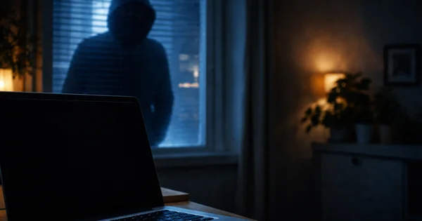 A hooded figure peers through a window into a darkened home at night.