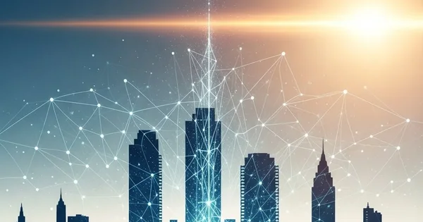 A network connects buildings in a city skyline.