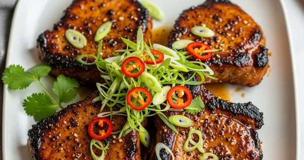 Four pork chops are plated and garnished with green onions and chili peppers.