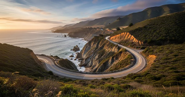Scenic Highway 1 curves along the California coast.