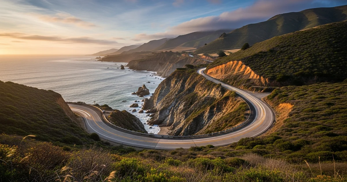 Scenic Highway 1 curves along the California coast. Scenic Highway 1 curves along the California coast.
