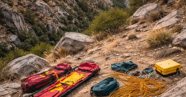 Rescue equipment including a stretcher, ropes and packs sit on a rocky hillside.