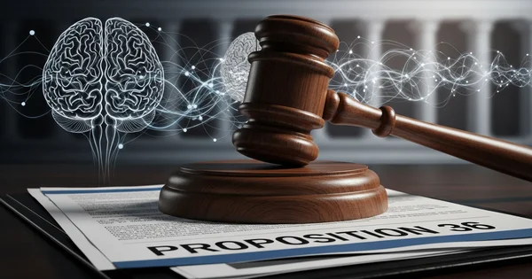 A gavel rests on a document labeled 'Proposition 36', with brain graphics in the background.